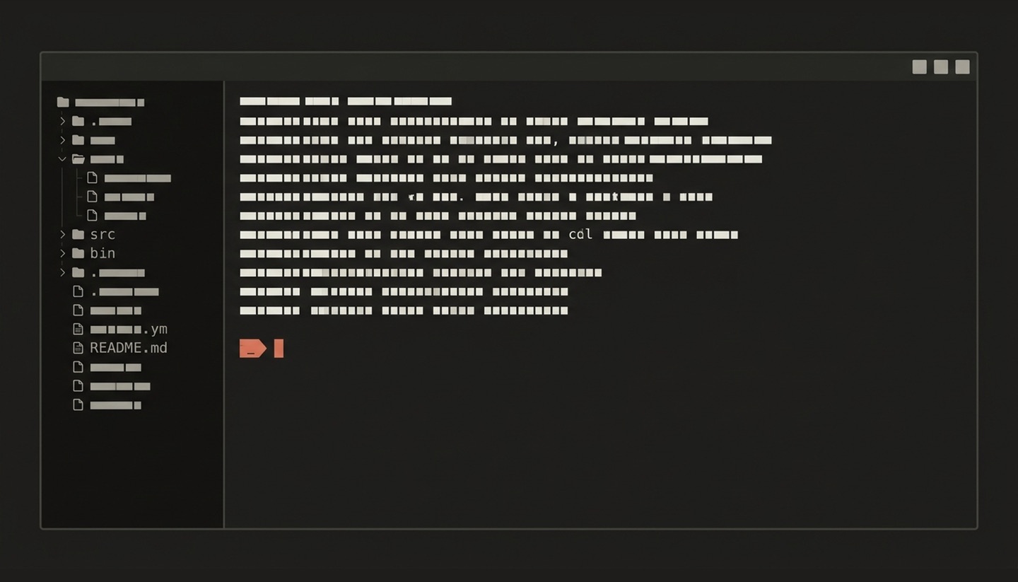 Ilustração de uma janela de terminal com árvore de arquivos à esquerda e saída de comandos com cursor ativo.